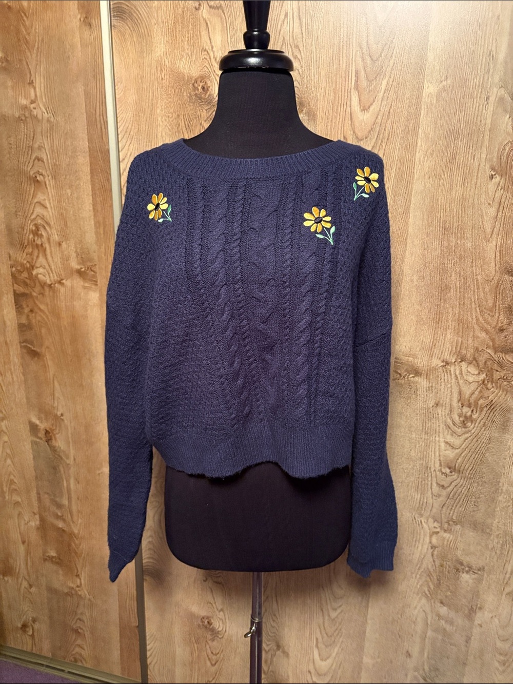 Navy Floral Cable-Knit Sweater - Women's